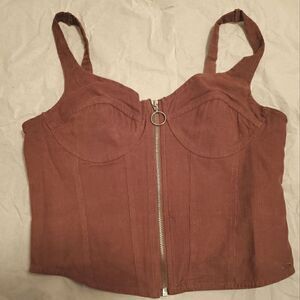 NWOT Guess brown corduroy bustier crop top with front zipper. Stretch. L. Flaw!